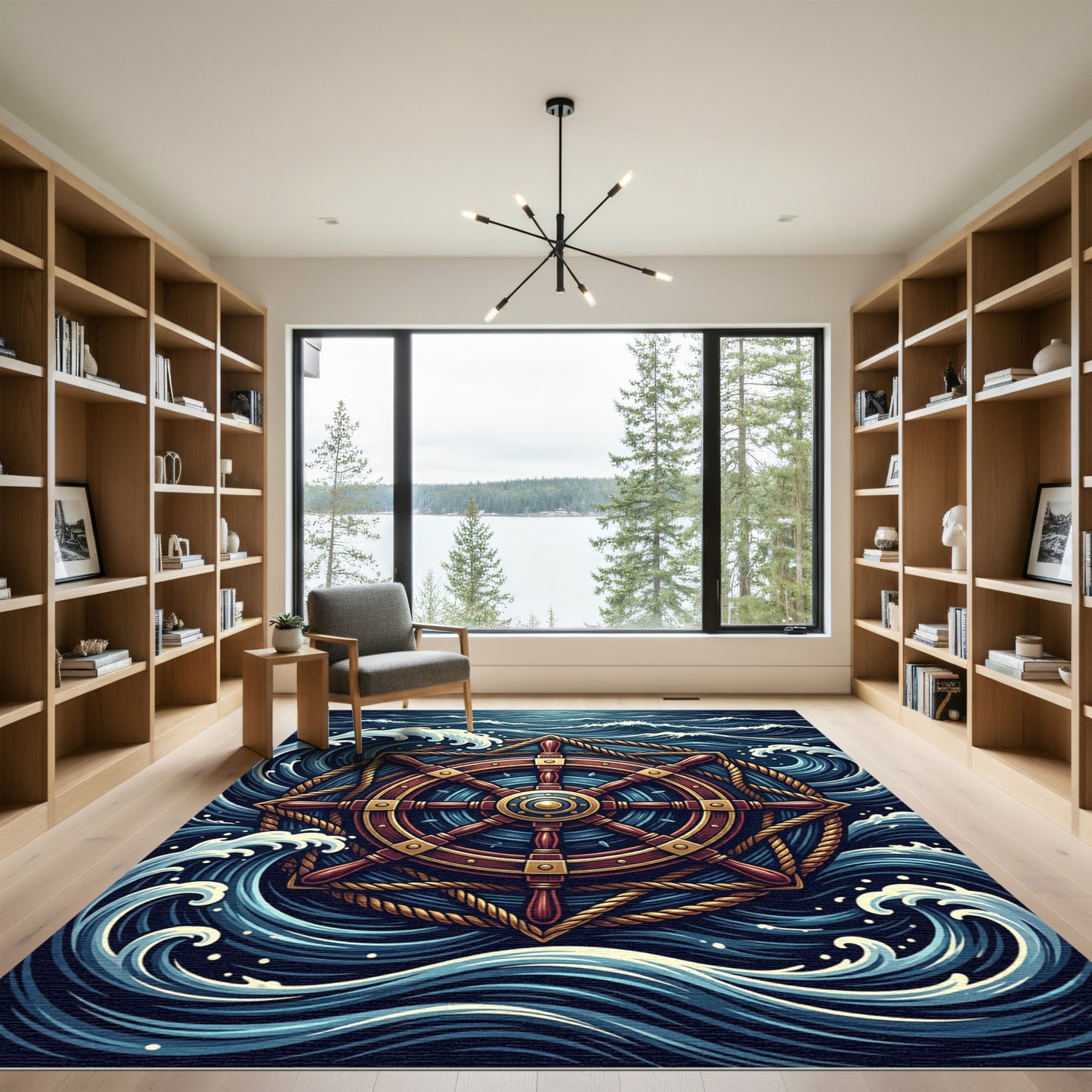 Nautical Ship Wheel Sea Wave Rug