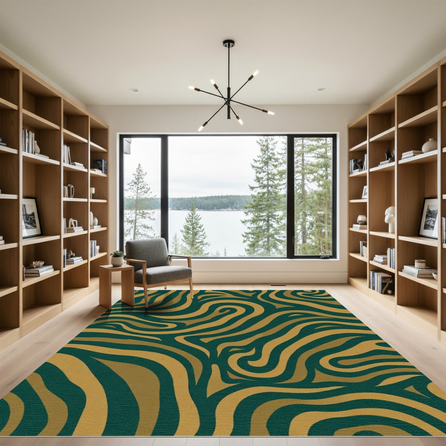 Emerald Gold Swirl Abstract Curves Rug