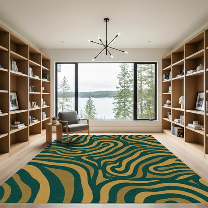 Emerald Gold Swirl Abstract Curves Rug