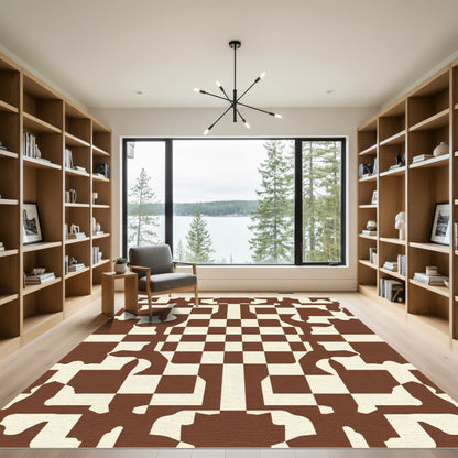 Brown Cream Chessboard Organic Form Rug