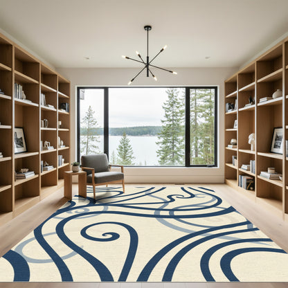 Navy Blue Swirl Abstract Cream Rug