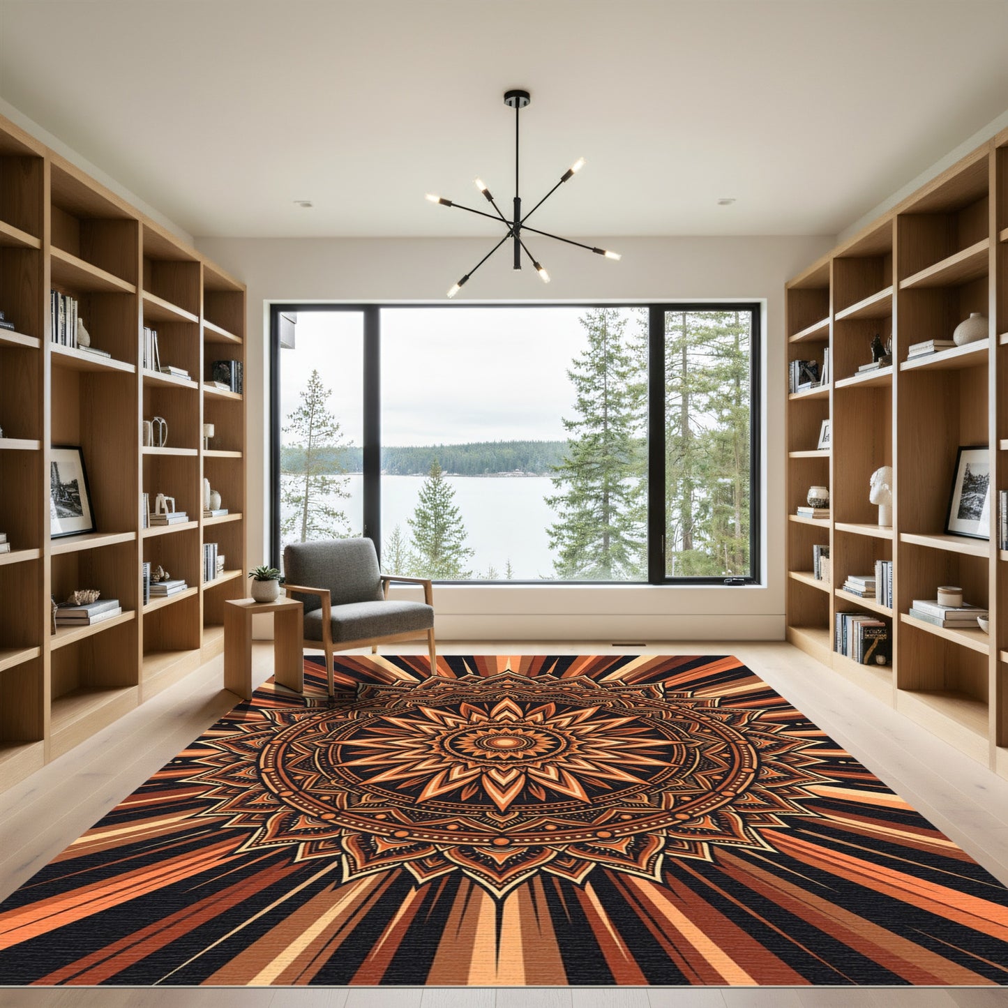 Golden Sunburst Radial Mandala Glow Rug