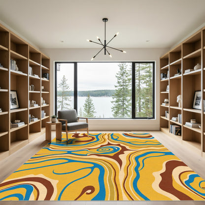 Retro Yellow Blue Swirl Organic Rug