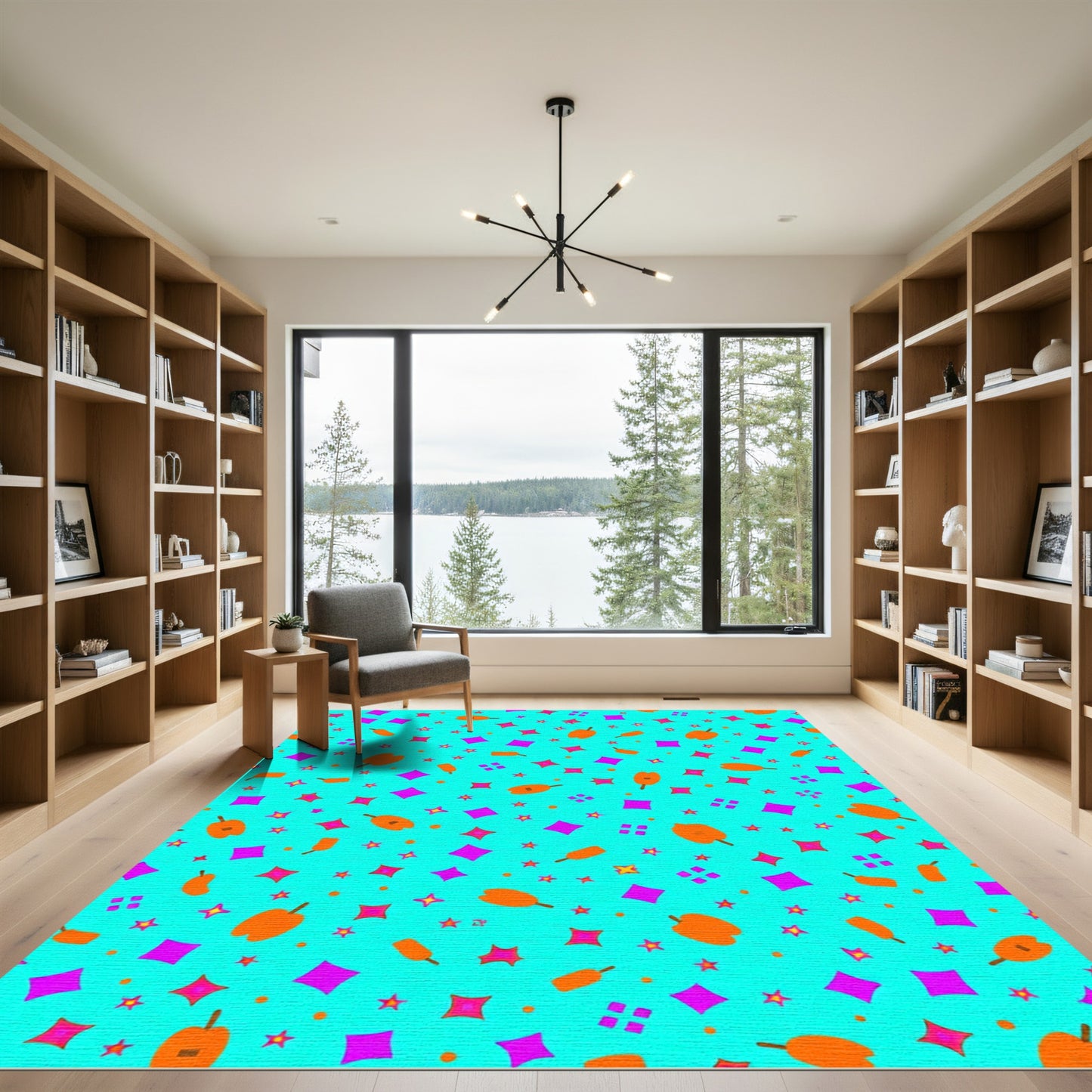 Bright Orange Fruit Scatter Teal Rug