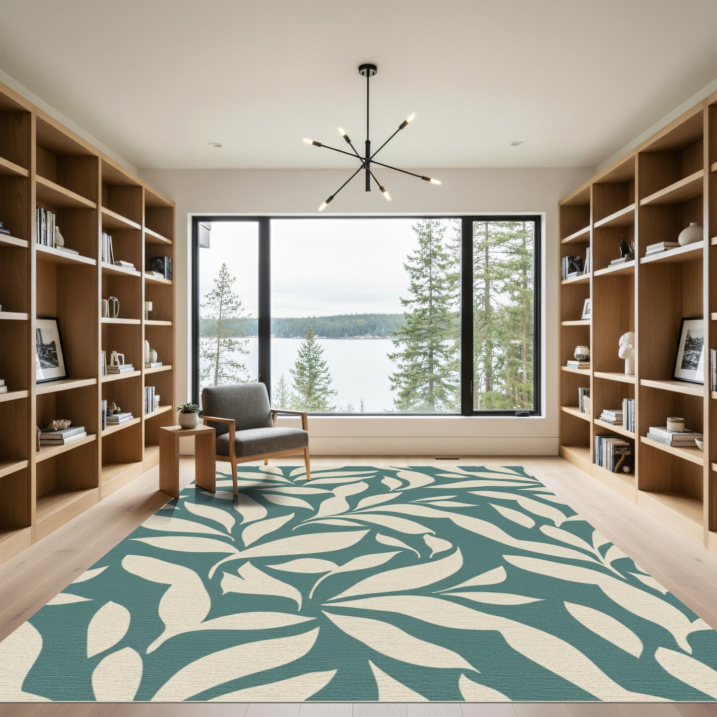 Deep Teal Cream Leafy Vine Rug