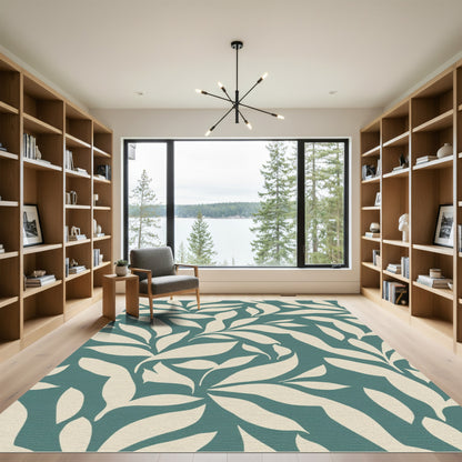 Deep Teal Cream Leafy Vine Rug
