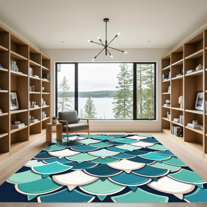 Teal and White Mermaid Scale Wave Rug