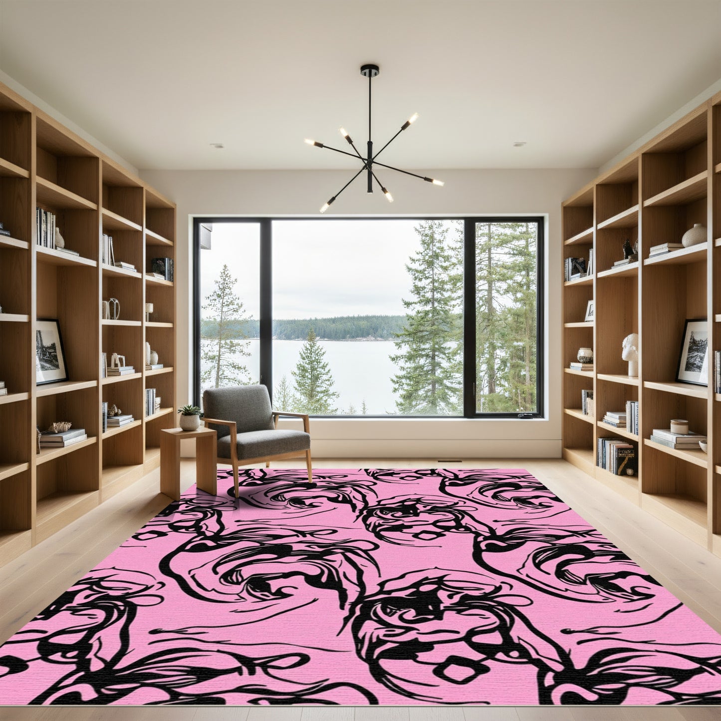 Bold Black Swirls Pink Background Rug
