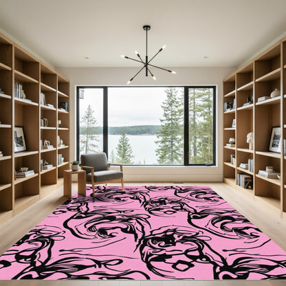 Bold Black Swirls Pink Background Rug