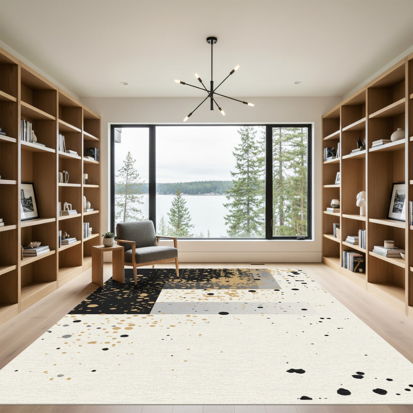 Black Gold Splatter Geometric Blocks Rug