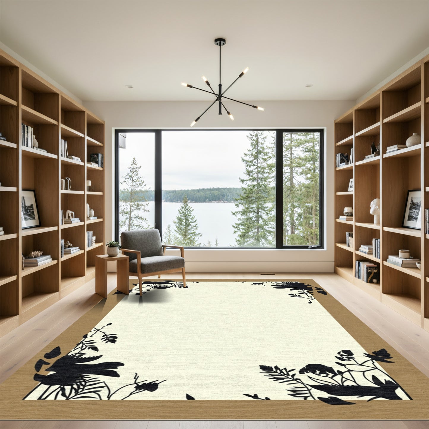 Black Floral Branch Frame Rug