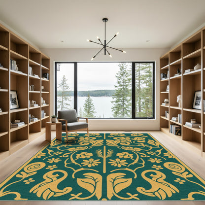 Emerald Gold Floral Medallion Art Nouveau Rug