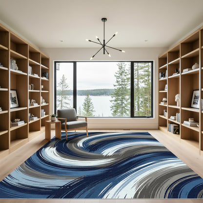 Navy Blue Gray Swirl Brushstroke Rug