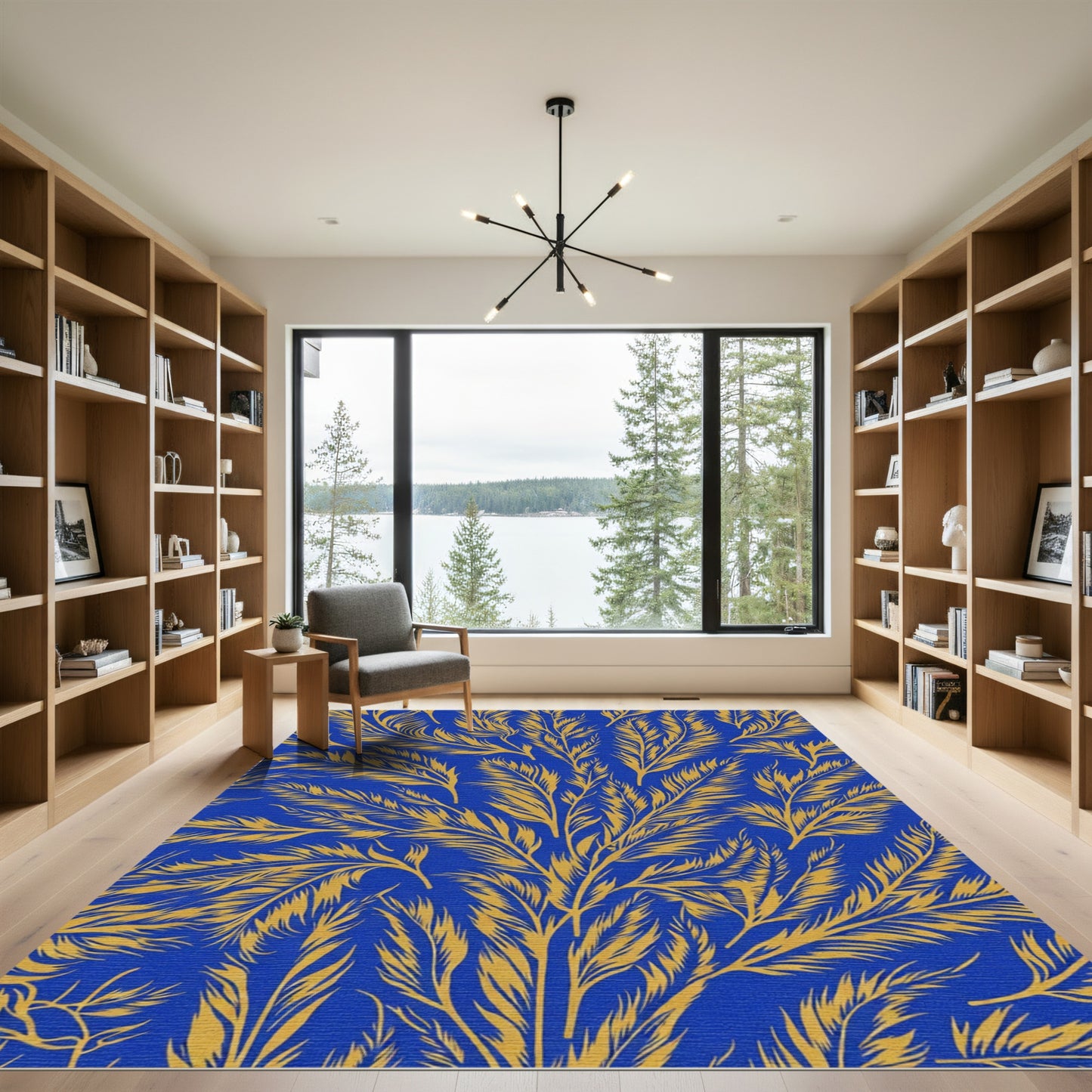 Golden Ferns on Royal Blue Canvas Rug