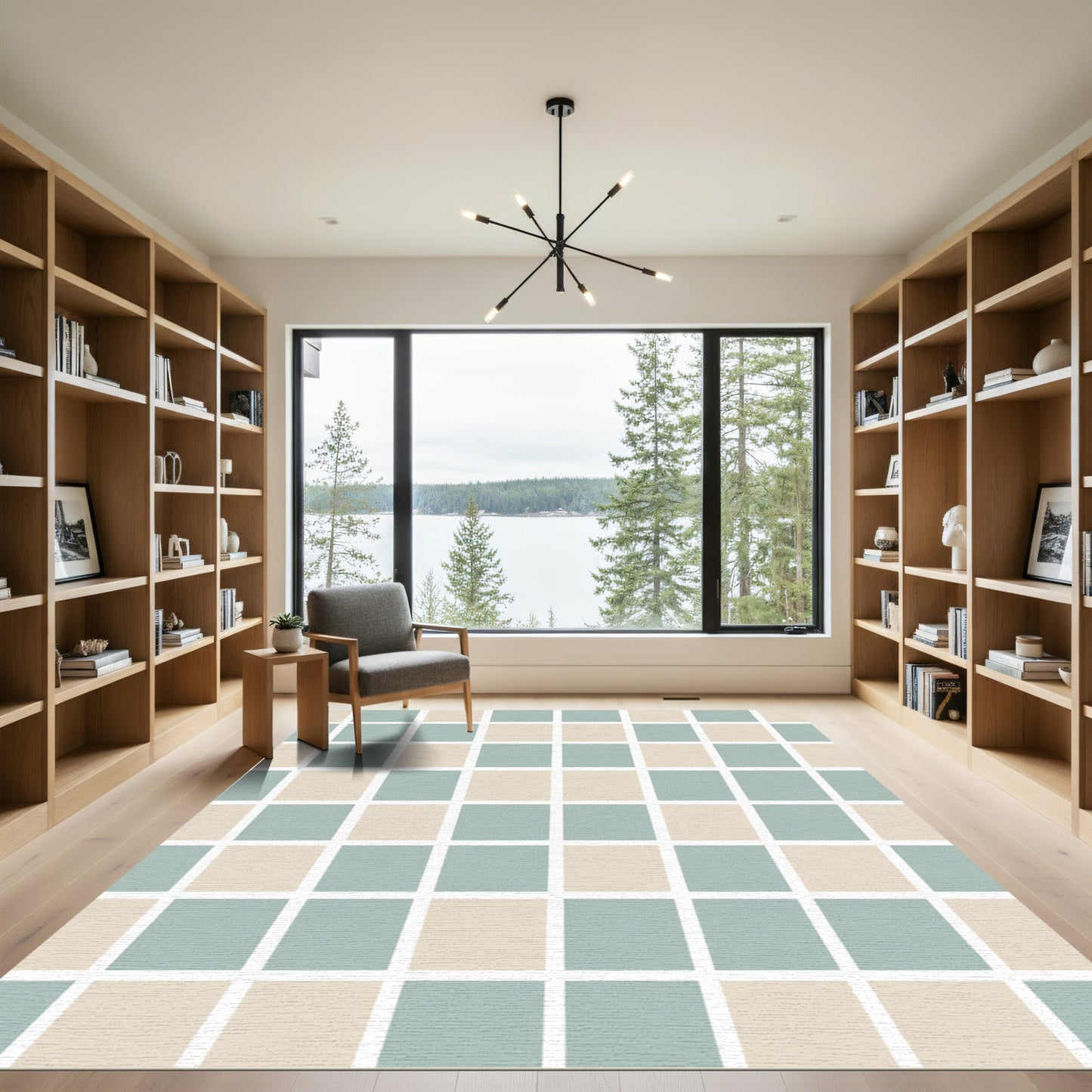 Soft Sage Cream Checkered Squares Rug