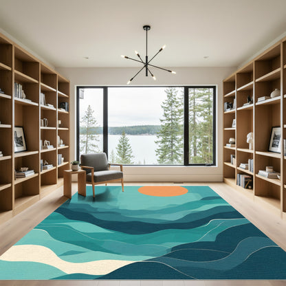 Abstract Orange Sun Teal Waves Rug