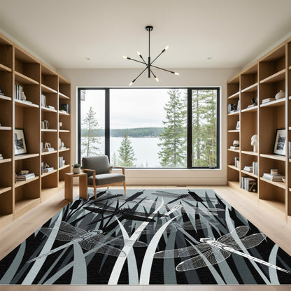 Monochromatic Dragonfly Meadow Silhouette Rug