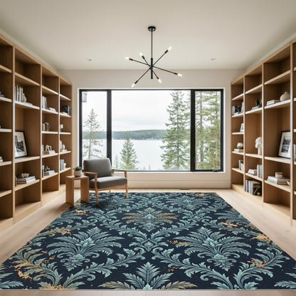 Deep Navy Acanthus Leaf Damask Rug