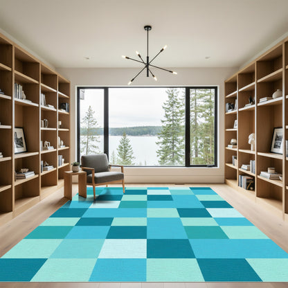 Oceanic Blue Teal Checkerboard Squares Rug