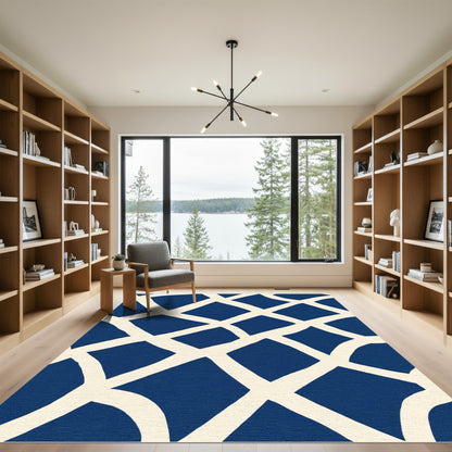 Deep Blue And Cream Organic Grid Rug