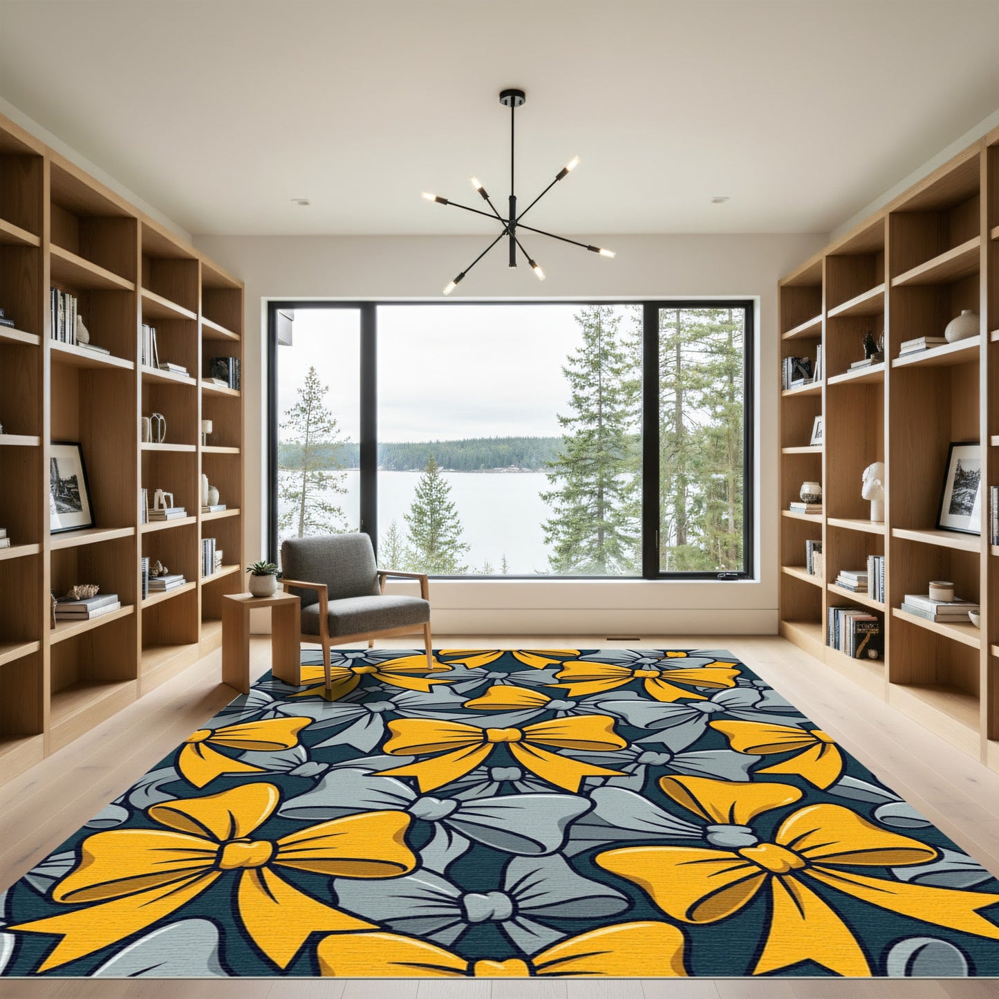 Golden Gray Bow Ribbon Pattern Rug