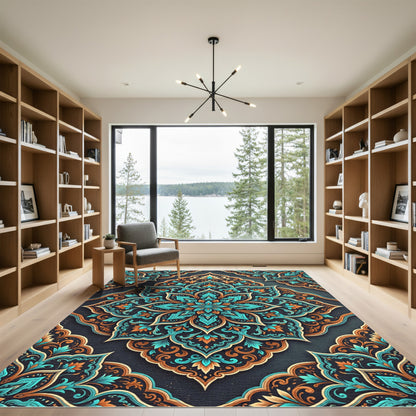 Teal and Copper Ornate Damask Rug