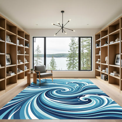 Abstract Swirling Indigo Ocean Wave Rug