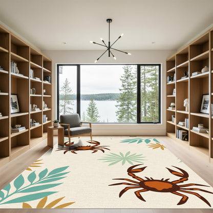 Coastal Orange Crab Tropical Leaves Rug