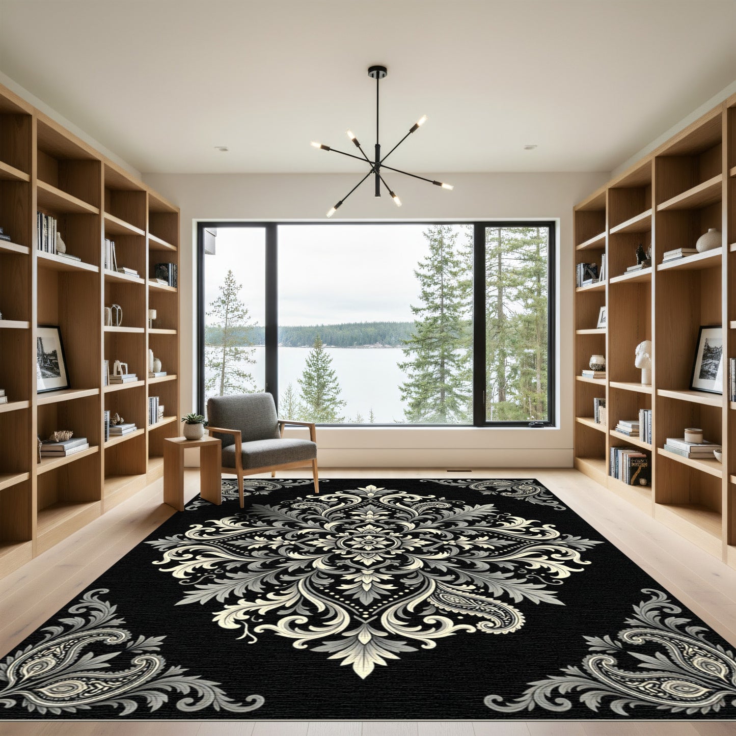 Elegant Monochrome Baroque Scroll Medallion Rug