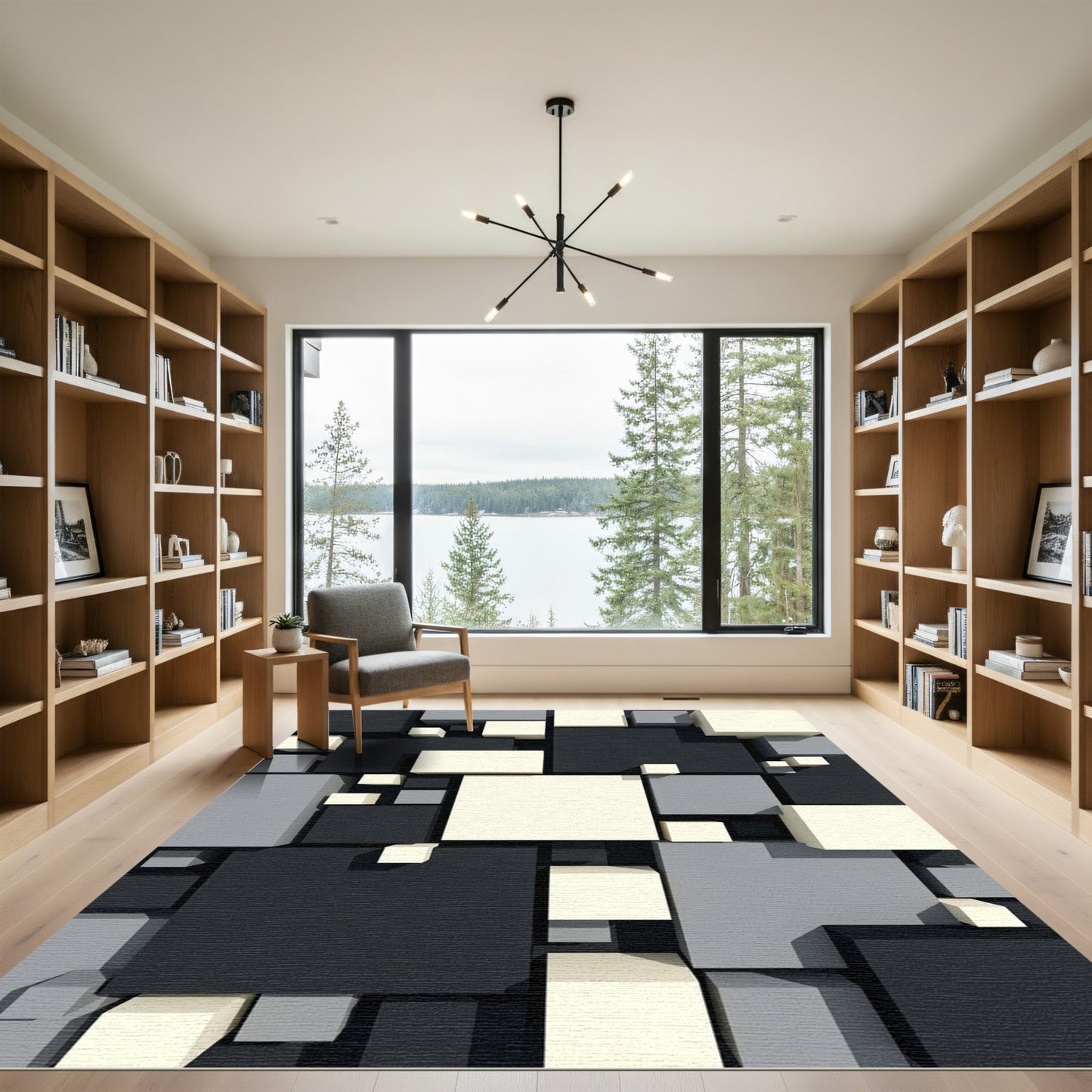 Modern Monochromatic Geometric Cube Block Rug