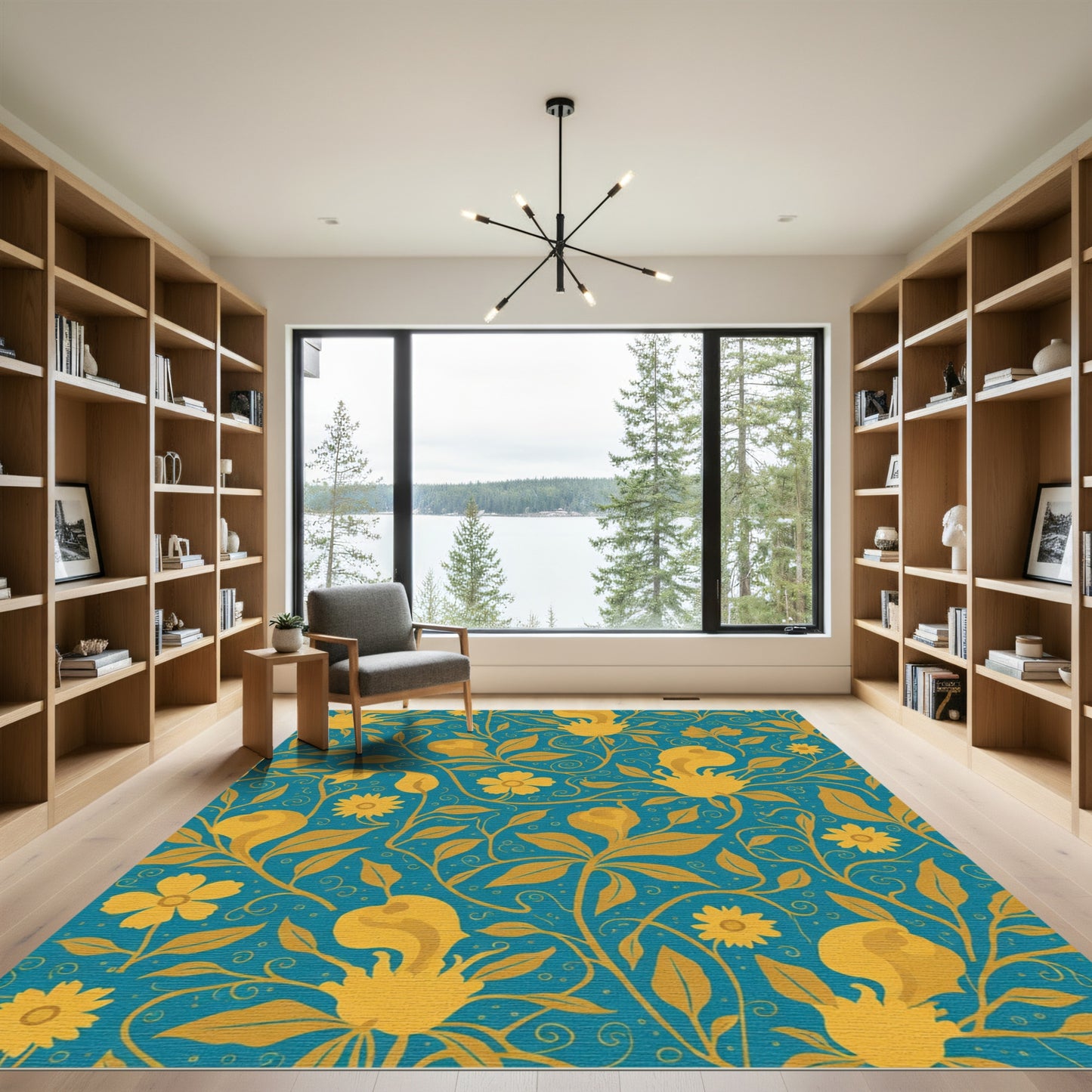 Golden Flowers on Teal Background Rug