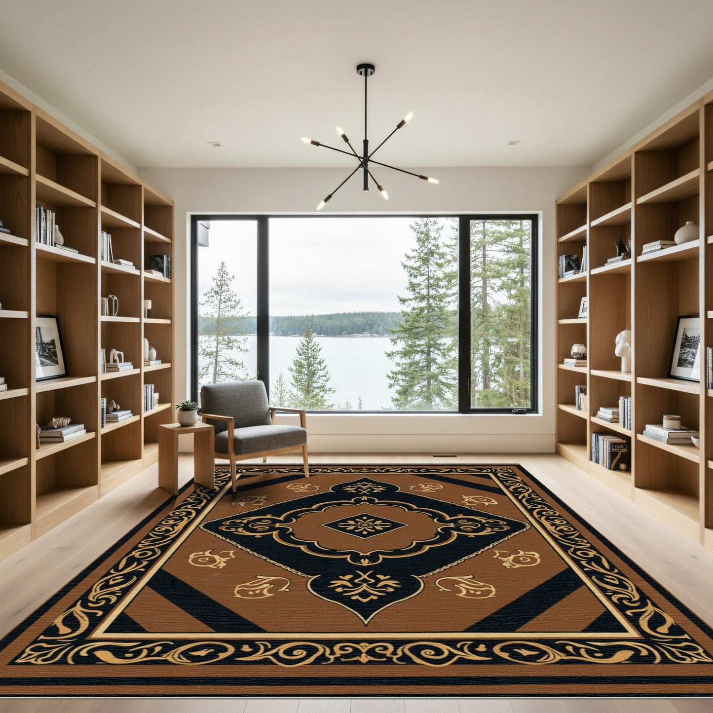 Ornate Brown Black Golden Medallion Rug