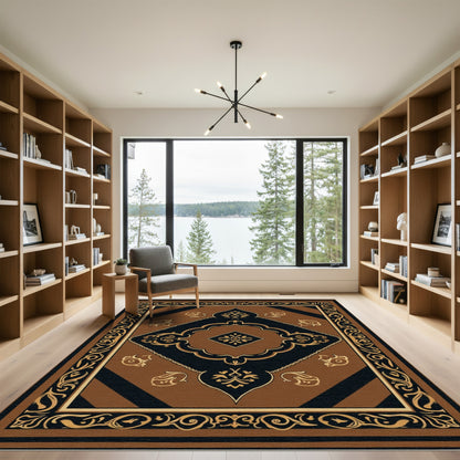 Ornate Brown Black Golden Medallion Rug