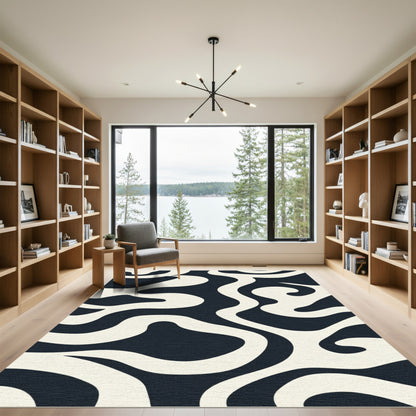 Cream And Navy Abstract Swirls Rug