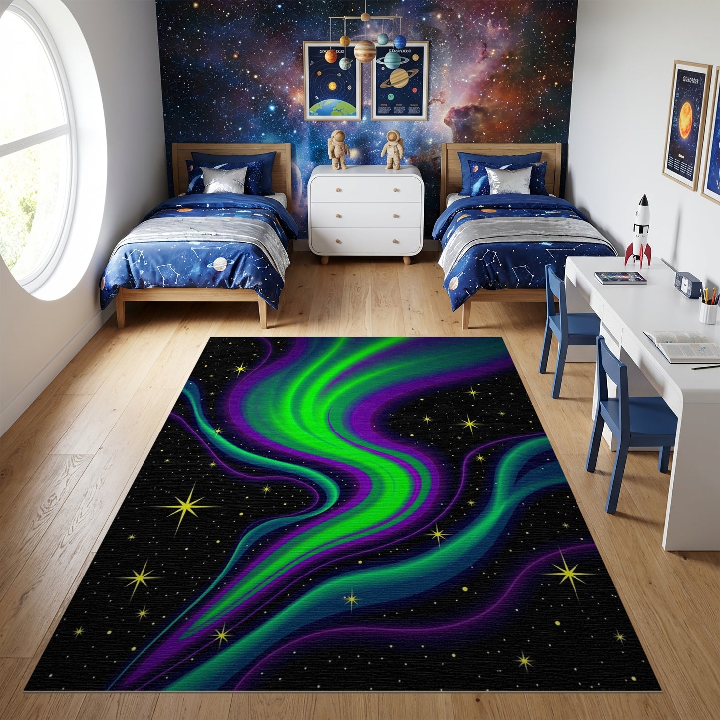 Neon Aurora Waves Starry Rug