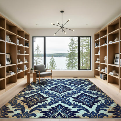 Elegant Midnight Blue Damask Scroll Rug