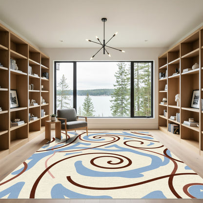 Cream Swirls Blue Waves Brown Lines Rug
