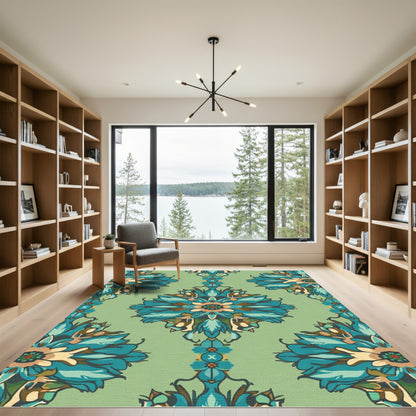 Teal Floral Medallion Light Green Rug