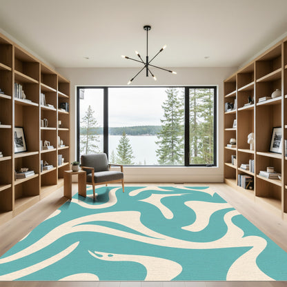 Teal and Cream Swirl Flow Rug