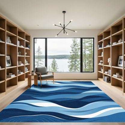 Deep Blue Layered Wave Art Rug