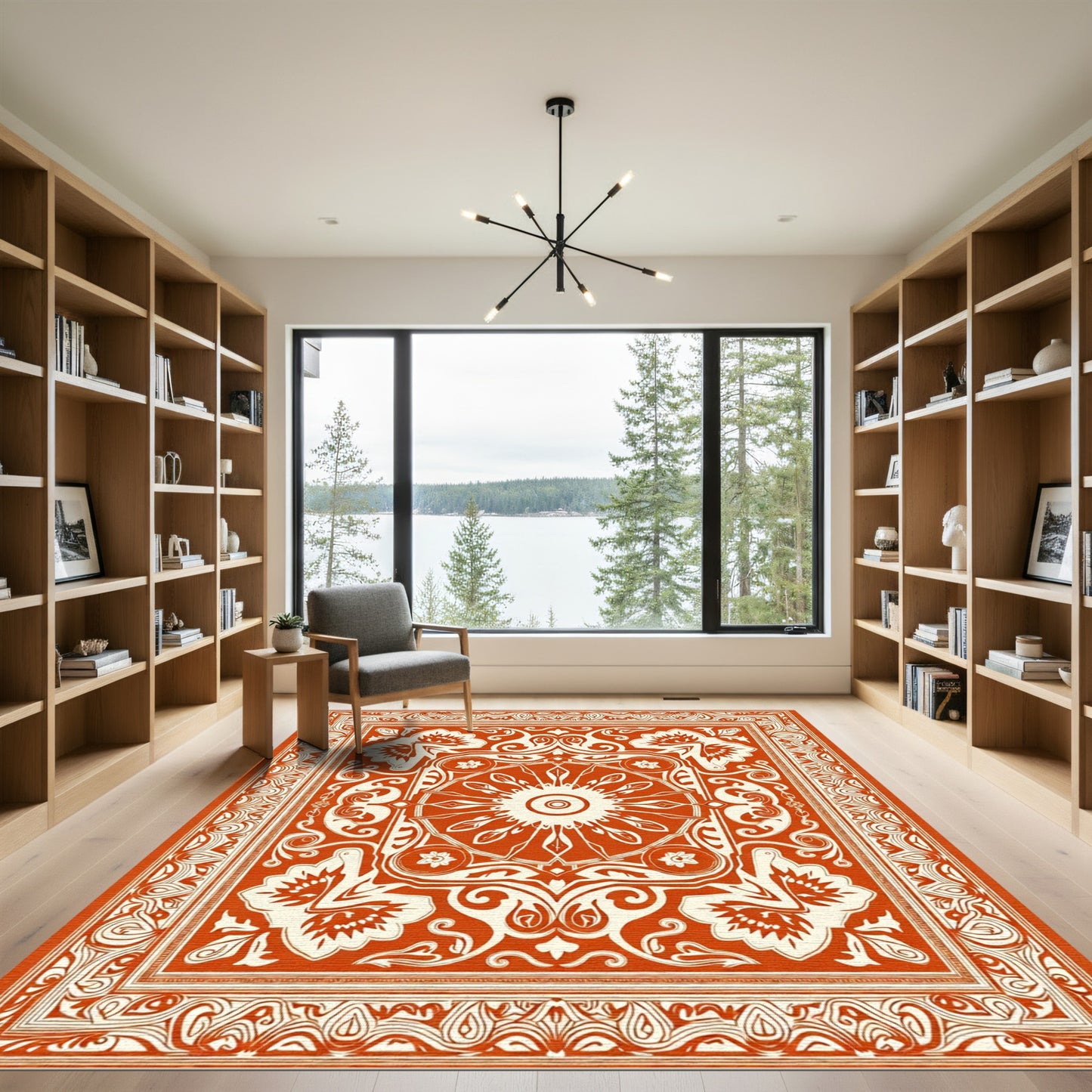 Rustic Orange Floral Medallion Border Rug
