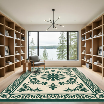 Dark Green Floral Medallion Border Rug