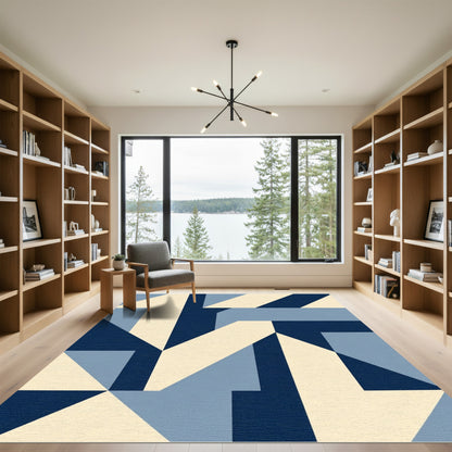 Geometric Navy Cream Light Blue Shapes Rug