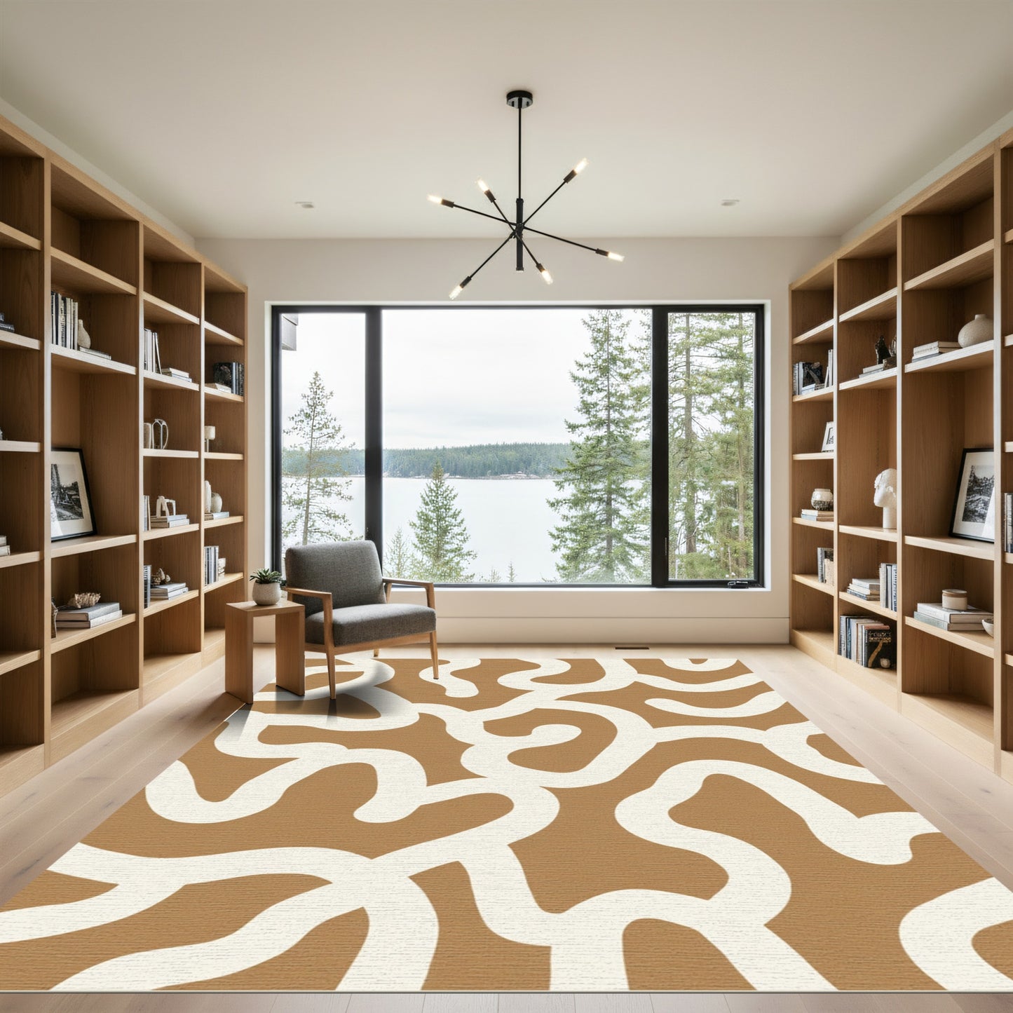 Warm Tan White Abstract Swirls Rug