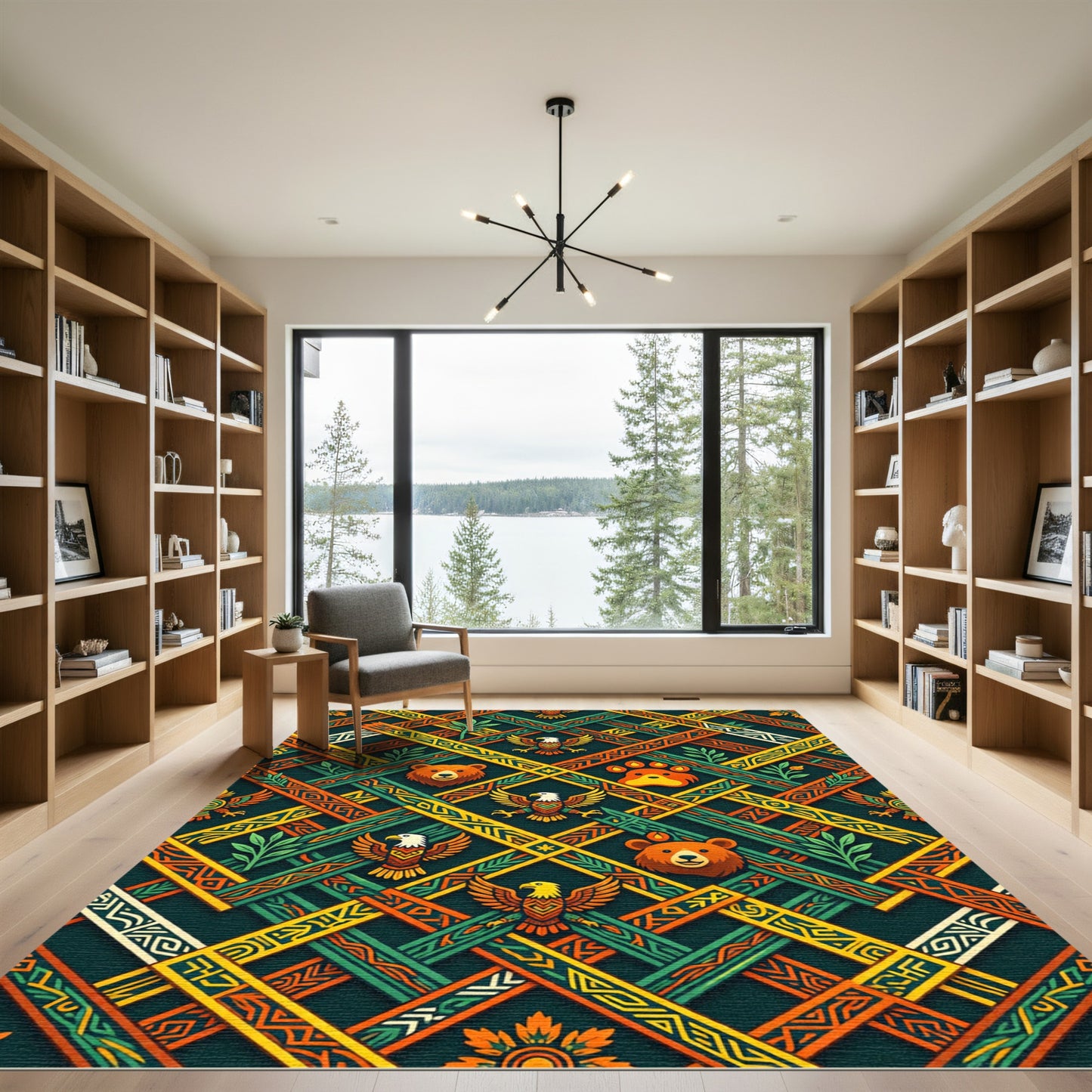 Geometric Forest Bear and Eagle Tapestry Rug