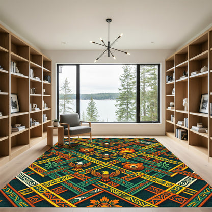 Geometric Forest Bear and Eagle Tapestry Rug