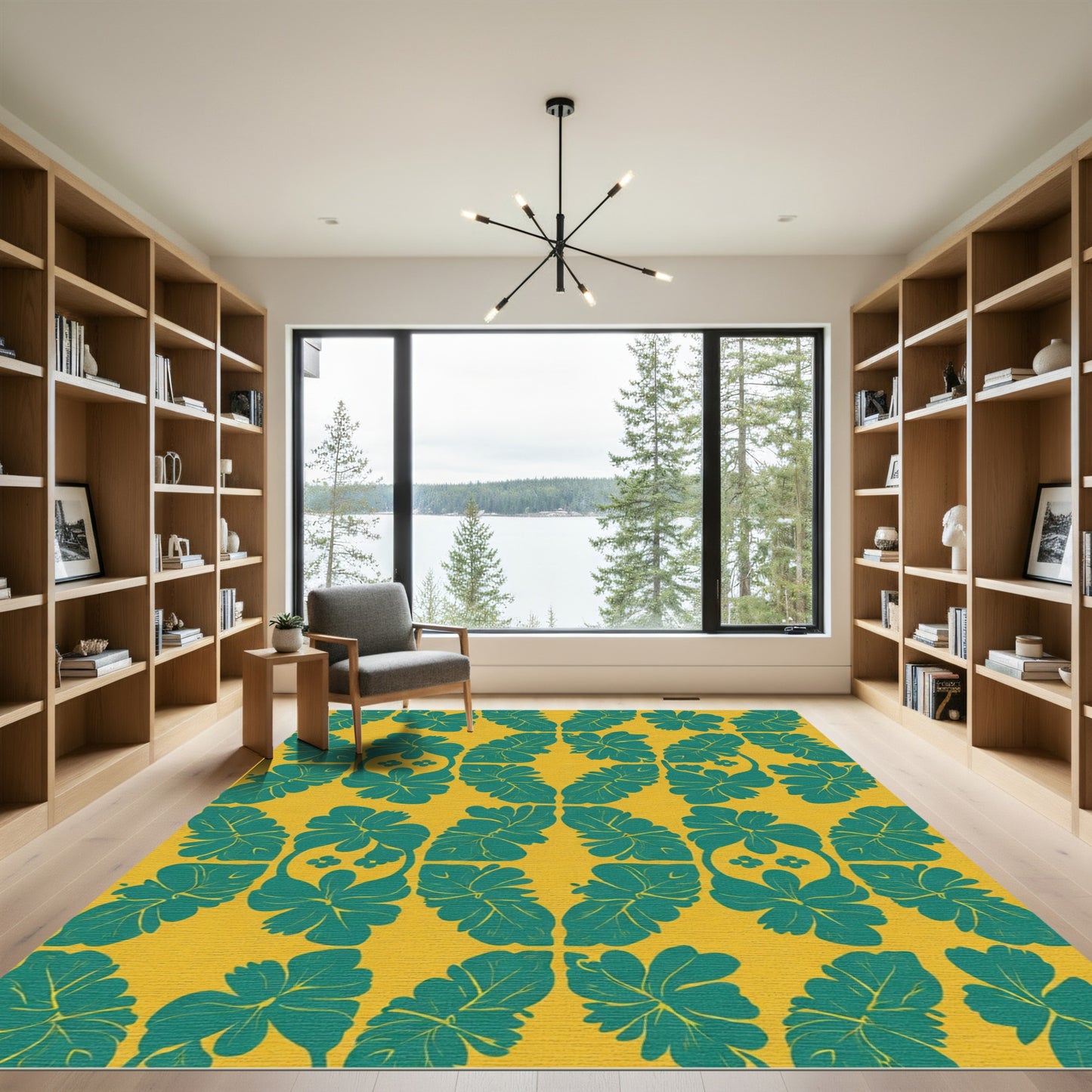 Tropical Teal Floral Garden Ochre Rug