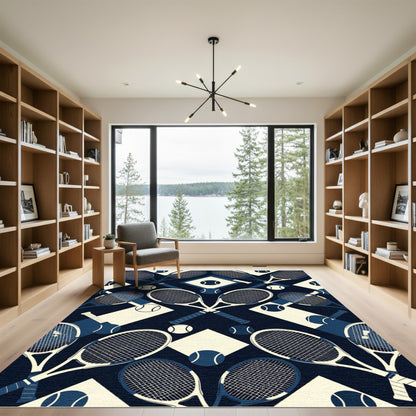 Tennis Racket Navy Cream Geometric Ace Rug