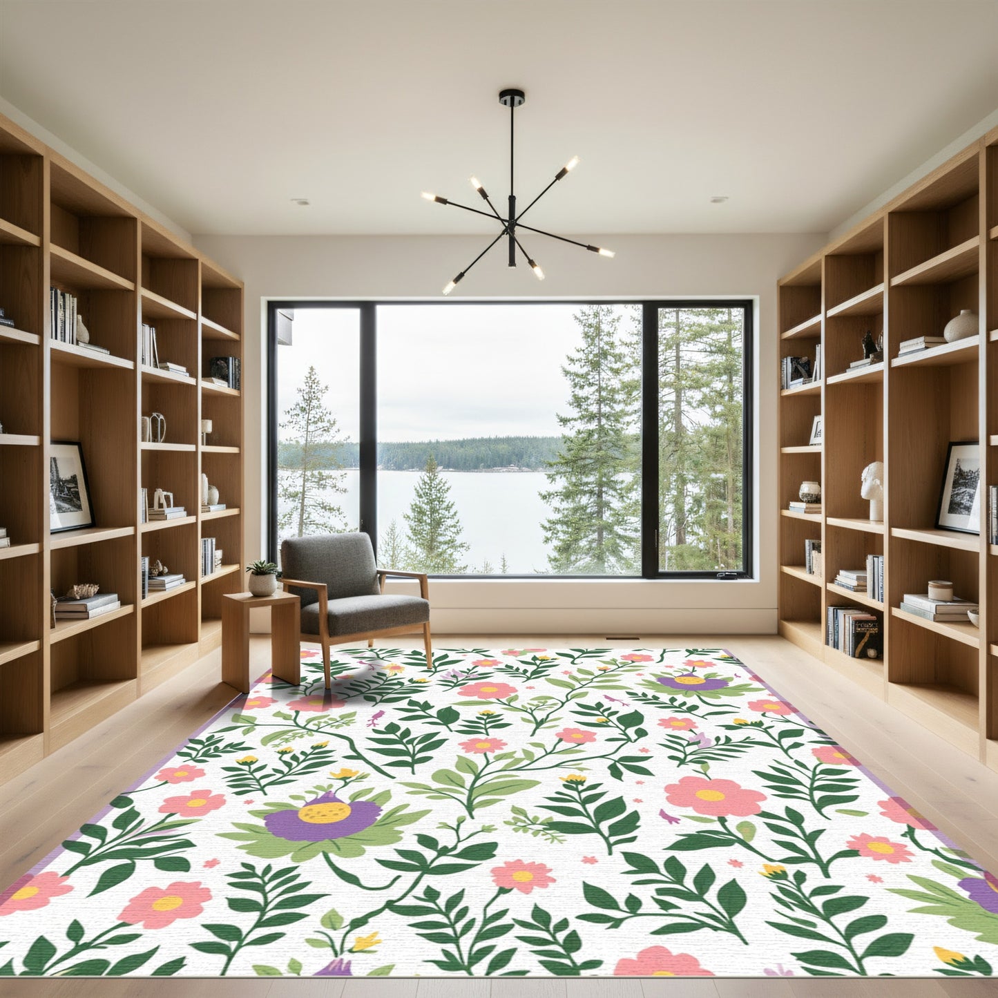 Whimsical Pink Floral Green Leaf Garden Rug