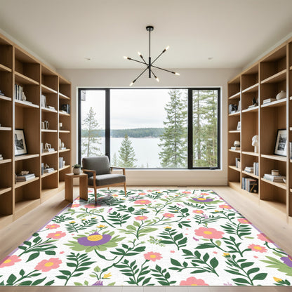 Whimsical Pink Floral Green Leaf Garden Rug